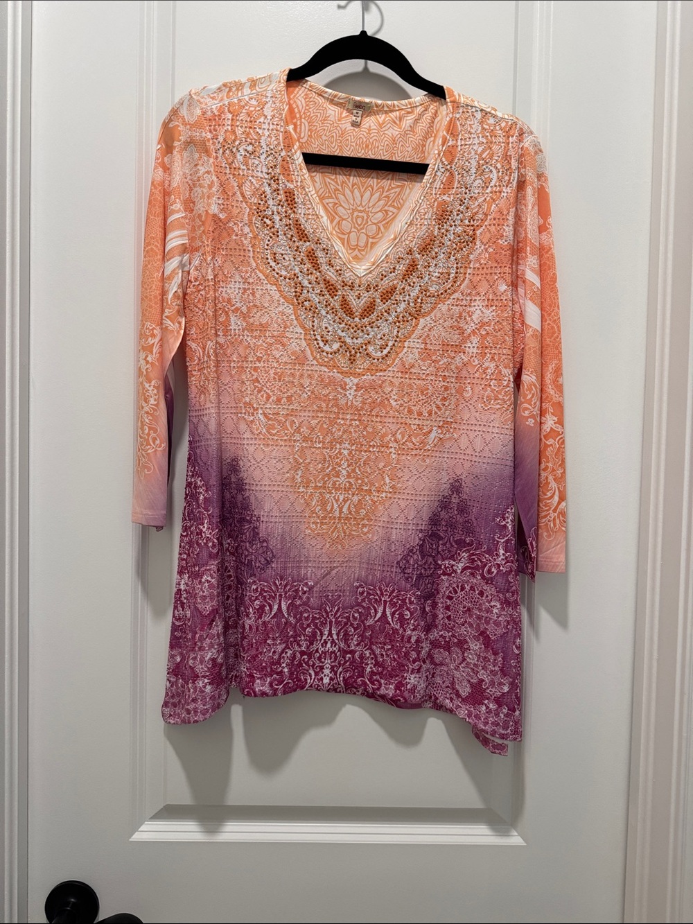 REBA Embellished V-Neck Ombre Tunic Top in Peach and Plum